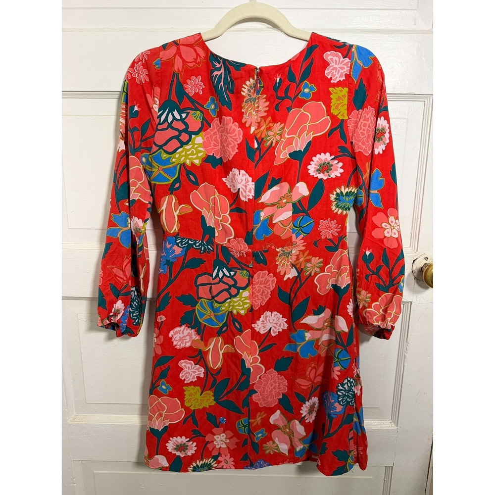J.Crew Red Floral Faux Wrap Mini Dress Long Sleeve V-Neck Size 0 - Picture 4 of 4